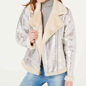 Tommy Hilfiger Faux Shearling Shiny Silver Moto Jacket L